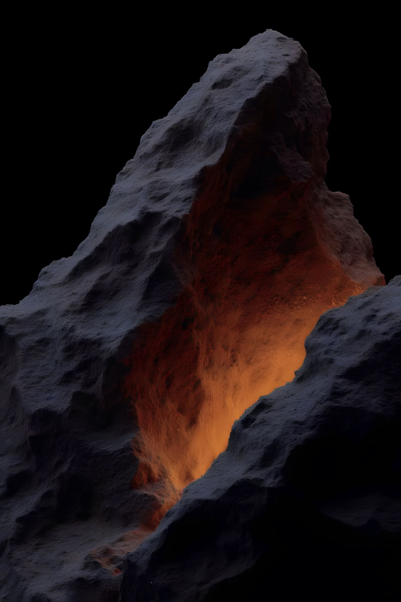 Un bloc de roche massif se dresse sur un fond entièrement noir. Sa surface est rugueuse, creusée de petites alvéoles, dans des tons gris ardoise légèrement bleutés. Une lumière froide et douce l'éclaire par la gauche et révèle chaque relief. Au centre, la roche s'ouvre sur une large fissure. L'intérieur de cette faille brille d'une lueur orange et cuivrée, comme si une source de chaleur couvait à l'intérieur. La lumière s'intensifie vers le bas, où elle devient presque dorée et semble s'échapper en une fine poussière. En bas à droite, un second rocher plus sombre referme le cadre. Le contraste entre l'extérieur froid et minéral et le cœur incandescent donne à l'image une impression de force contenue. Le rendu, très lisse et maîtrisé, évoque une image de synthèse en 3D. Le format est vertical.