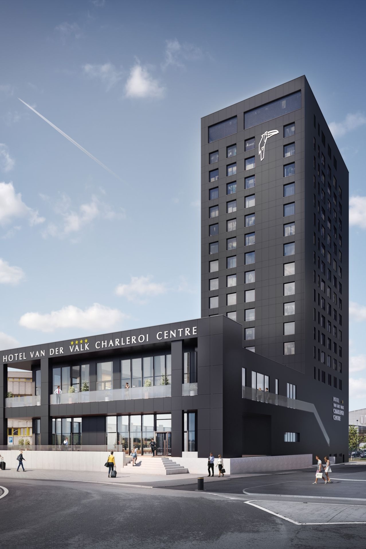 Projection visuelle depuis la rue, réalisée par Asymétrie du futur Hotel Van Der Valk Charleroi Centre avec une tour à droite avec le logo du toucan (marque Van der Valk).